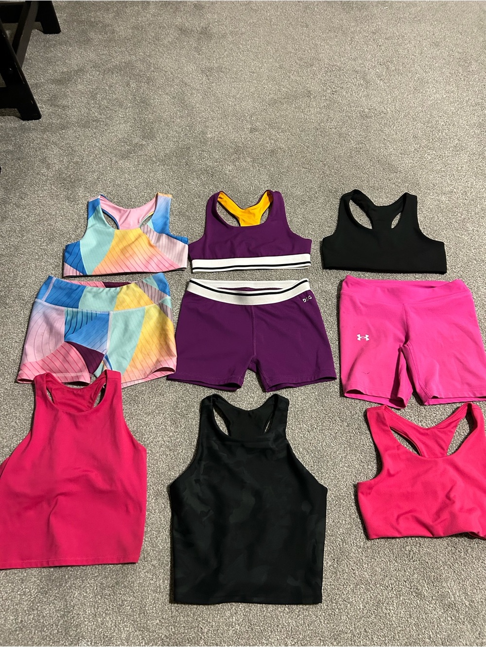 Mixed Activewear Set — Pink, Black, Purple & Multicolor Sports Bras and Shorts